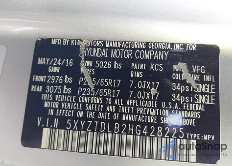 2017 Hyundai Santa Fe Sport 2.4L from USA, damaged, VIN 5XYZTDLB2HG428225